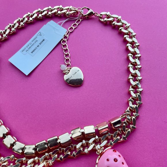 NWT Betsey Johnson Strawberry Necklace- Gold with Black, Red & Pink Strawberries - Picture 9 of 10